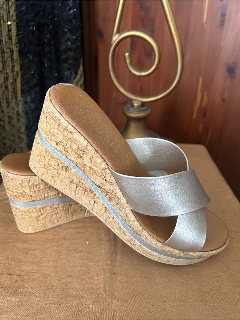 Italian Shoemakers Silver Cork Wedge Slide Sandals